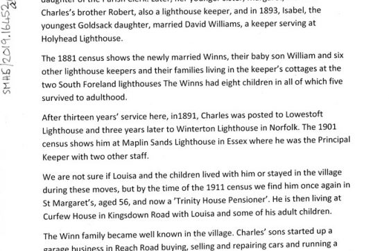Information sheet on Charles Winn for the Village and Lighthouse Exhibition. 2014