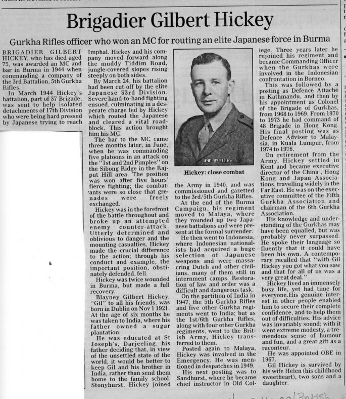 News cutting dated 19th April 1977 concerning the obituary of Brigadier Gilbert Hickey
