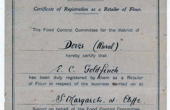Certificate of Registration for E C Goldfinch permitting the sale of flour during WW1