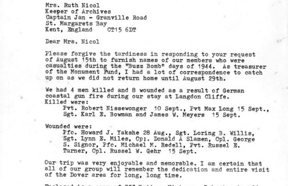 Letter from Joseph Danko of the Anglo American Association with WW2 casualties at Langdon Cliffs. 1986