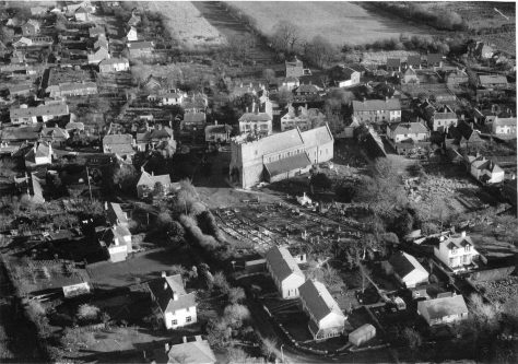 Aerial view of St Margaret's Church from the south west.  1960s