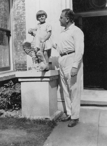 Gordon Denoon with his daughter Joan outside the Cliffe Hotel in 1926 and 1968