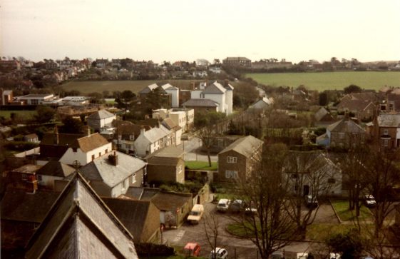 Junction of High Street and Reach Road from the church roof.  11 March 1989