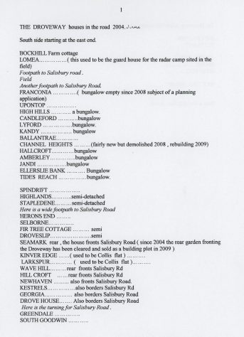 List of house names on the south side of The Droveway. June 2004