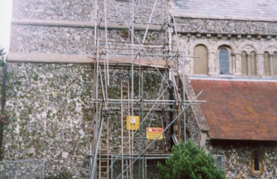 Works associated with the installation of  the telephone mast on the church tower. 16 July 2004