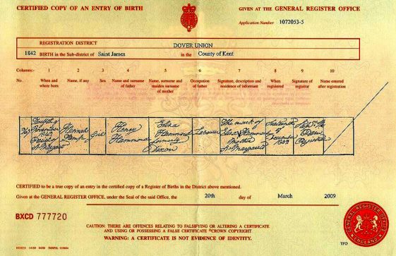 Birth Certificate of Hannah Kemp Hammond. 12 November 1842